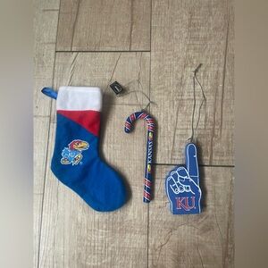 University of Kansas KU Foam Finger, Candy Cane, Stocking Christmas Ornaments